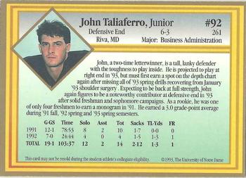 1993 Notre Dame Fighting Irish #NNO John Taliaferro Back