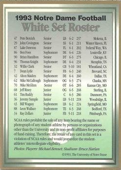 1993 Notre Dame Fighting Irish #NNO White Roster Checklist Back