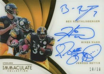 2018 Panini Immaculate Collection - Immaculate Trios Autographs #TA-PIT Ben Roethlisberger / Hines Ward / Jerome Bettis Front