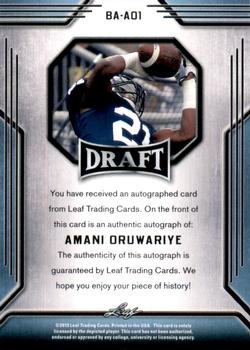 2019 Leaf Draft - Autographs #BA-AO1 Amani Oruwariye Back