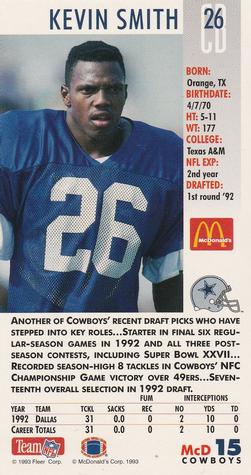 1993 GameDay McDonald's Dallas Cowboys #15 Kevin Smith Back