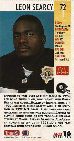 1993 GameDay McDonald's Pittsburgh Steelers #16 Leon Searcy Back