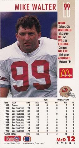 1993 GameDay McDonald's San Francisco 49ers #12 Michael Walter Back