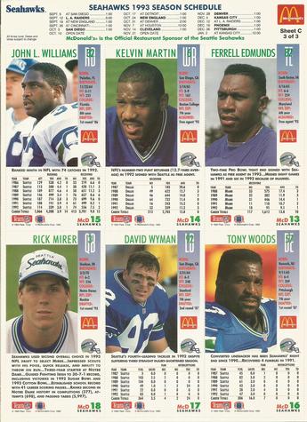 1993 GameDay McDonald's Seattle Seahawks - Full Panels #3 Ferrell Edmunds / Kelvin Martin / Rick Mirer / John L. Williams / Tony Woods / David Wyman Back