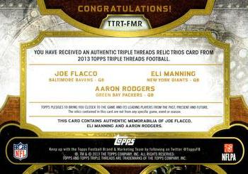 2013 Topps Triple Threads - Relics Trios Purple #TTRT-FMR Eli Manning / Joe Flacco / Aaron Rodgers Back