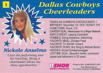 1992 Enor Dallas Cowboys Cheerleaders #1 Nickole Anselmo Back