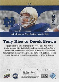 2017 Upper Deck Notre Dame 1988 Champions - Blue Pattern Rainbow #94 Tony Rice to Derek Brown Back