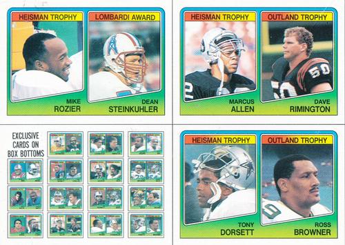 1988 Topps - Wax Box Bottom Panels #M-P Marcus Allen / Dave Rimington / Mike Rozier / Dean Steinkuhler / Tony Dorsett / Ross Browner / Checklist Front