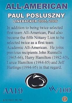 2007 TK Legacy Penn State Nittany Lions - All-American Autographs #AA19 Paul Posluszny Back