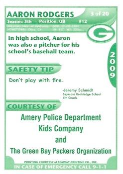 2009 Green Bay Packers Police - Amery Police Department, Kids Company #3 Aaron Rodgers Back