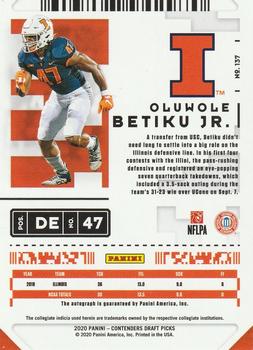 2020 Panini Contenders Draft Picks - Bowl Ticket #137 Oluwole Betiku Jr. Back