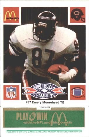 1986 McDonald's Chicago Bears - Full Game Pieces - Week 4 Green Tab #NNO Emery Moorehead Front
