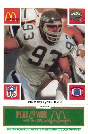 1986 McDonald's New York Jets - Full Game Pieces - Week 4 Green Tab #NNO Marty Lyons Front