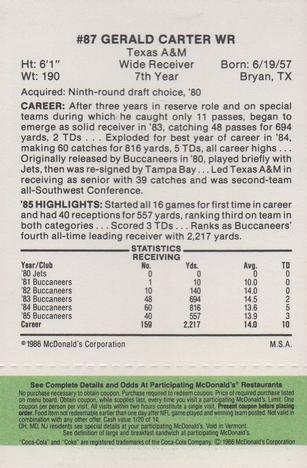 1986 McDonald's Tampa Bay Buccaneers - Full Game Pieces - Week 4 Green Tab #NNO Gerald Carter Back