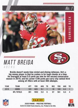 2020 Panini Prestige #1 Matt Breida Back