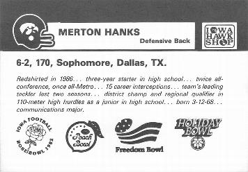 1987 Iowa Hawkeyes #NNO Merton Hanks Back