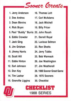 1988 Oklahoma Sooners Greats #30 Checklist Front