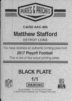 2018 Panini Plates & Patches - 2017 Panini Playoff Air Command Printing Plate Black #AC-MS Matthew Stafford Back