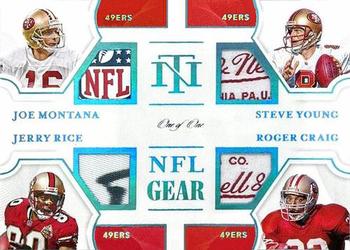 2020 Panini National Treasures - NFL Gear Quad Materials Laundry Tag NFL Player's #QM-SF Jerry Rice / Joe Montana / Roger Craig / Steve Young Front