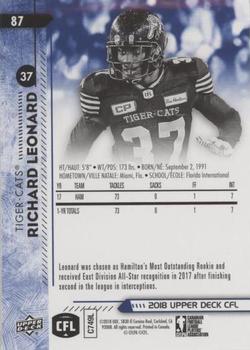 2018 Upper Deck CFL - Blue #87 Richard Leonard Back