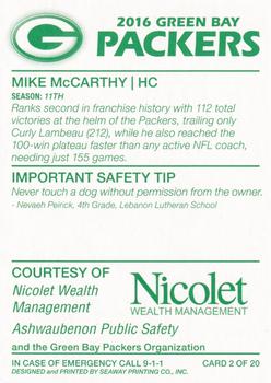 2016 Green Bay Packers Police - Nicolet Wealth Management #2 Mike McCarthy Back