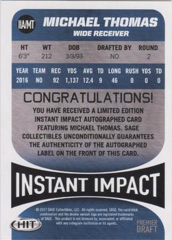 2017 SAGE HIT - Instant Impact Autographs Red #IIA/MT Michael Thomas Back