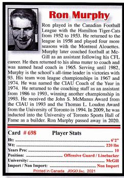 2021 JOGO CFL Alumni Series 34 #698 Ron Murphy Back