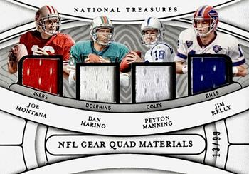 2021 Panini National Treasures - NFL Gear Quad Materials #QM-JDPJ Joe Montana / Dan Marino / Peyton Manning / Jim Kelly Front