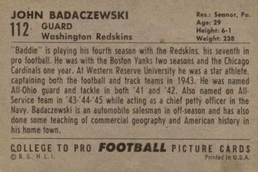 1952 Bowman Large #112 John Badaczewski Back