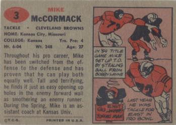 1957 Topps #3 Mike McCormack Back