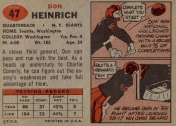 1957 Topps #47 Don Heinrich Back