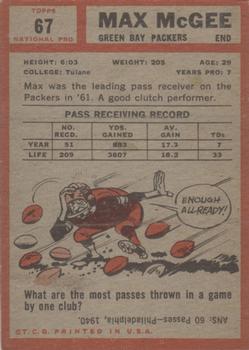 1962 Topps #67 Max McGee Back