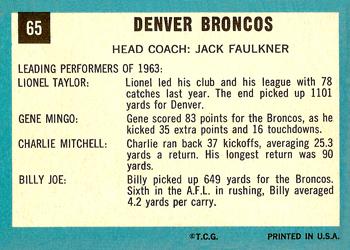 1964 Topps #65 Broncos Team Back