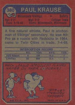 1973 Topps #380 Paul Krause Back