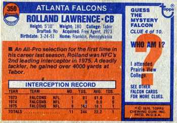 1976 Topps #350 Rolland Lawrence Back