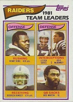 1982 Topps #185 Kenny King / Lester Hayes / Odis McKinney / Derrick Ramsey / Rod Martin Front