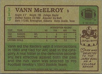 1984 Topps #113 Vann McElroy Back