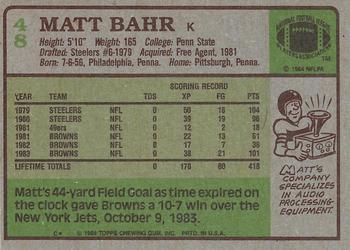 1984 Topps #48 Matt Bahr Back