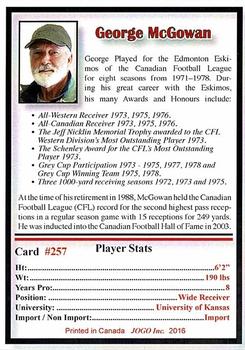 2016 JOGO CFL Alumni Series 13 #257 George McGowan Back