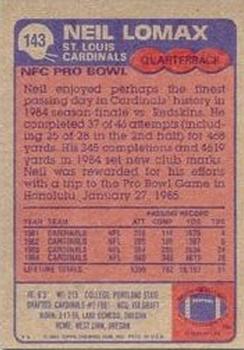 1985 Topps #143 Neil Lomax Back