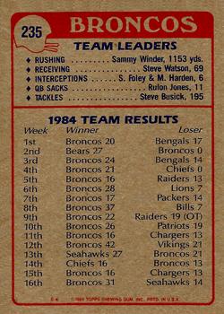 1985 Topps #235 Broncos Team Leaders Back