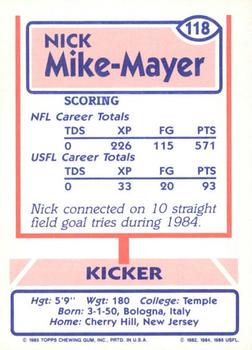 1985 Topps USFL #118 Nick Mike-Mayer Back