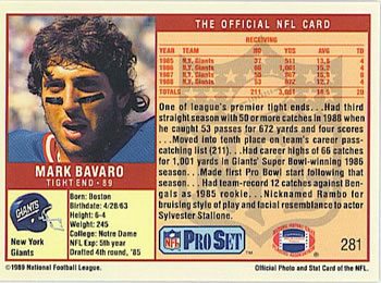 1989 Pro Set #281 Mark Bavaro Back