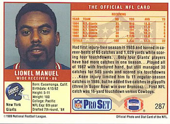 1989 Pro Set #287 Lionel Manuel Back