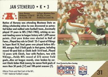 1991 Pro Set #31 Jan Stenerud Back