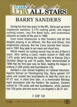 1991 Ultra - Ultra All Stars #1 Barry Sanders Back