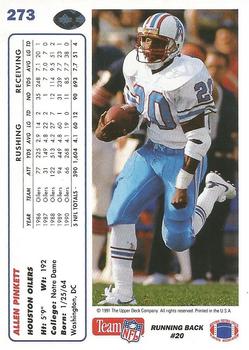 1991 Upper Deck #273 Allen Pinkett Back