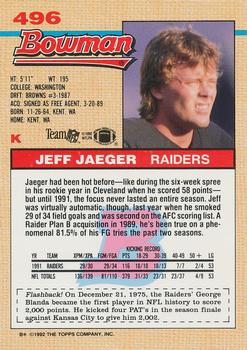 1992 Bowman #496 Jeff Jaeger Back