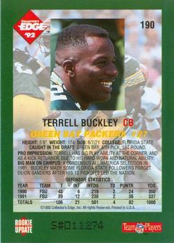 1992 Collector's Edge #190 Terrell Buckley Back