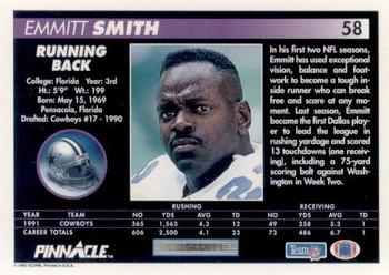 1992 Pinnacle #58 Emmitt Smith Back